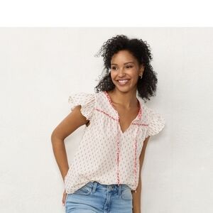 LC Lauren Conrad White and Red Ruffle Blouse Size Small